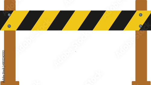 Construction barrier with yellow and black stripes on brown posts