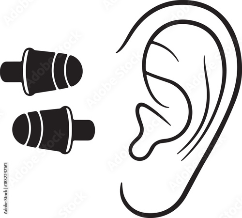 Ear and Two Earplugs on White Background human ear