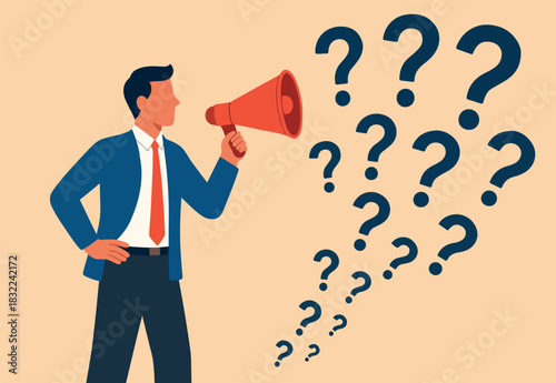 Ask questions to get answer for solving problem, ask for solution or curiosity, request explanation to solve issue or trouble concept, businessman ask questions on megaphone with lot of question mark.