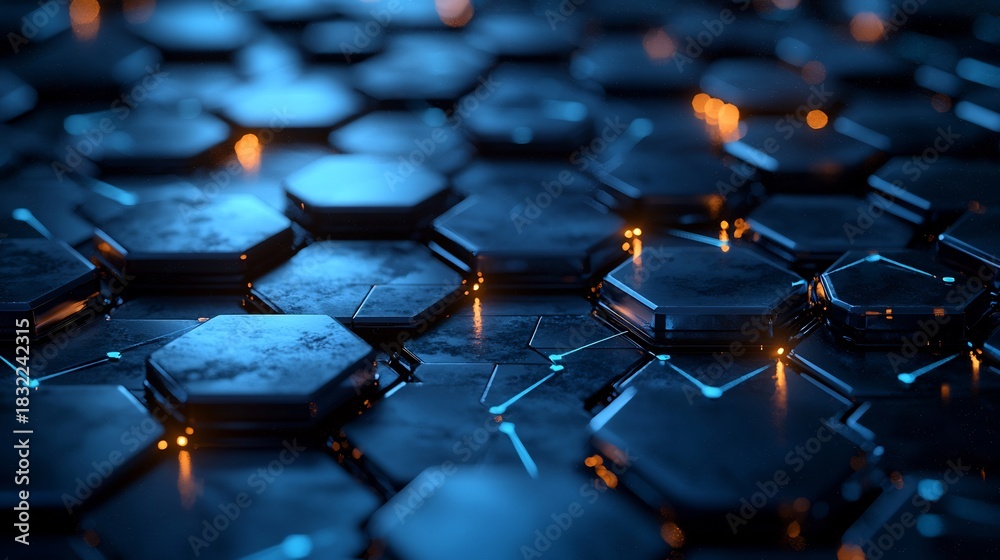 Fototapeta premium A close up view of a dark surface with blue illuminated hexagonal patterns and subtle orange highlights