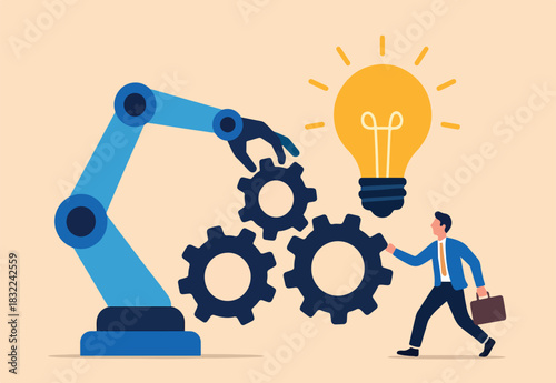 Automation or technology to help development process, Martech or marketing technology, industry or production factory concept, robot hand help put together cogwheels system with lightbulb idea.