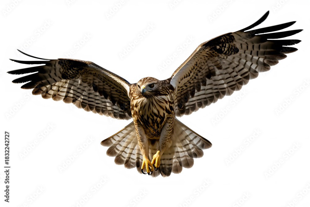 Fototapeta premium Majestic bird of prey soaring with wings spread wide against a white background