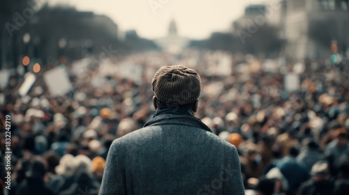 Man facing large crowd in open space
