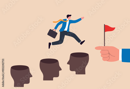 Avoid pitfall, adversity and brave to jump pass mistake or business failure, skill and creativity to solve problem concept, smart businessman jump pass many pitfalls to achieve business success