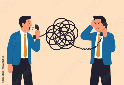 Bad communication, misunderstanding create confusion in work, miscommunicate unclear message and information concept, businessman talking through messy chaos, tangled phone line make other confused.
