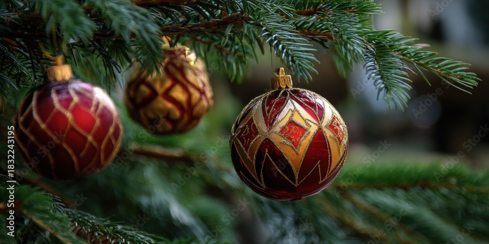 Fototapeta premium Christmas tree decorating with red gold baubles hanging