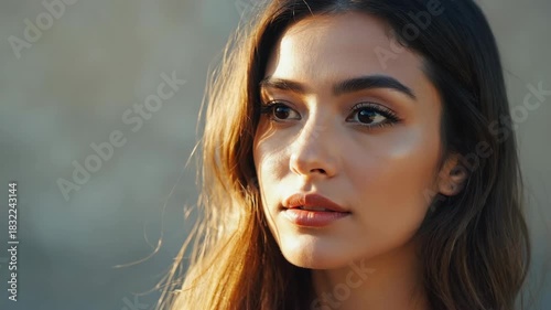 A woman with brown hair and brown eyes. She is wearing a red lipstick. She is looking at the camera