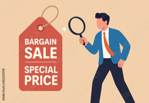 Bargain sale event, finding discount retail price, coupon or promotion offer, price advantage for customer, consumer, special price marketing concept, young man finding special bargain sale price tag.