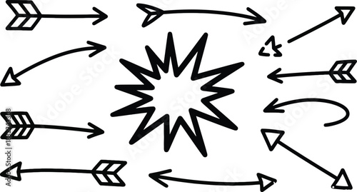 Hand drawn arrows and burst shape on transparent background. Set of isolated doodle style pointing elements for graphic and web design projects.