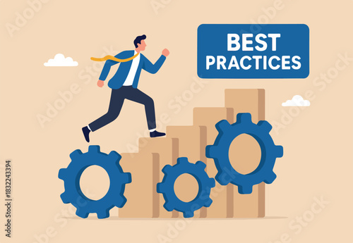 Best practices development, strategy to success or improvement, planning, progress or implementation process, efficiency or productivity concept, businessman running up stair on cogwheel gears system