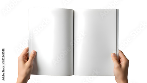 Hands holding open blank magazine or brochure isolated on transparent background