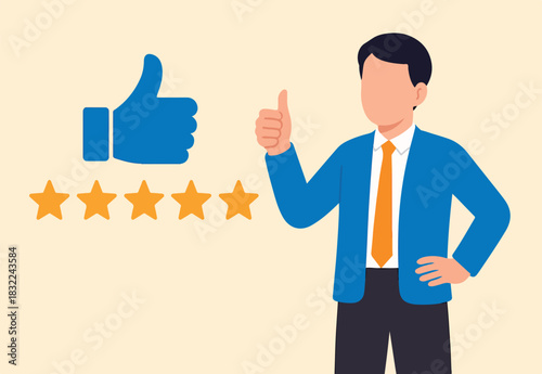 Best star rating, high quality product or good quality service, excellence customer feedback, user experience or five stars ranking concept, young business owner with big thumb up and 5 stars rating
