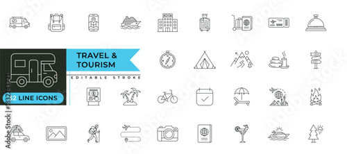 Minimal travel and tourism line icon set featuring vacation symbols, transportation elements, adventure activities, hotel services, holiday essentials, and journey concepts in a clean modern vector st
