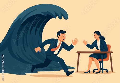 Big risk problem, danger or challenge, fear of crisis or disaster, courage or determination to overcome problem, vulnerability or hopelessness concept, business people face big wave danger problem.
