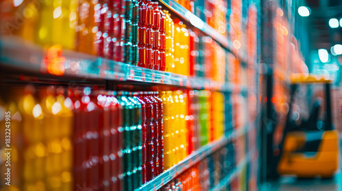 Rows of colorful drinks in glass bottles on shelves with a forklift in the background.