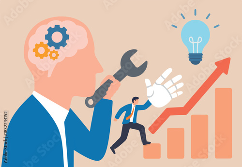 Brain intelligence, fix or adjust creativity thinking, wisdom or improve knowledge learning, tune attitude level or idea development concept, man using wrench adjust gear cogwheels in human brain