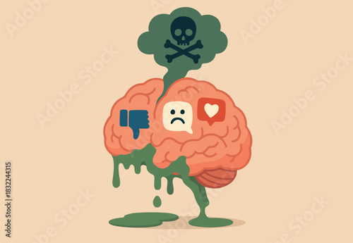 Brain rot toxic social media addiction causing depression, anxiety and negative harmful mind, online overwhelmed, cyber bullying or doomscrolling concept, human brain rot with toxic social media.