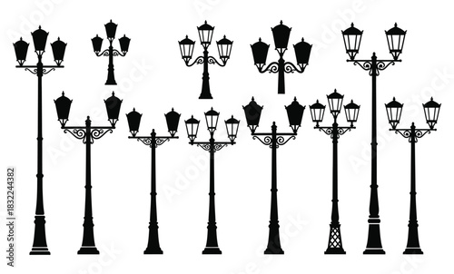 Vintage street lamp silhouettes collection on white background Vector