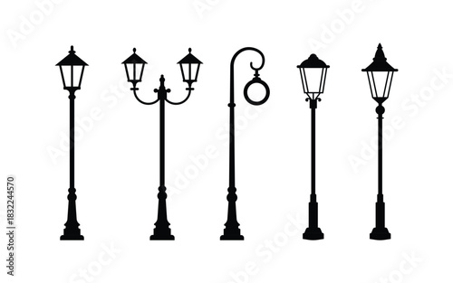 street lamppost vector. Collection of five black silhouette vintage street lamps icon on white background lamppost antique icon.