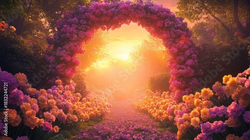 A symmetrical shot of a vibrant floral archway adorned with clusters of pastel-colored carnations and daffodils