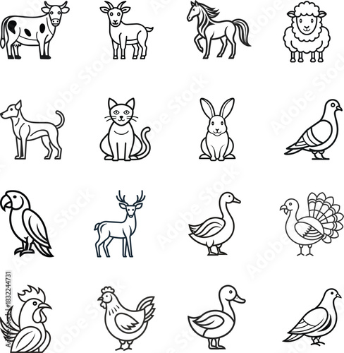 Farm animals and birds icon set