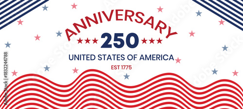 USA 250th Anniversary Celebration Banner Design – Patriotic Red White Blue Waves, Modern Independence Theme, American Flag Style Template for National Event 2026