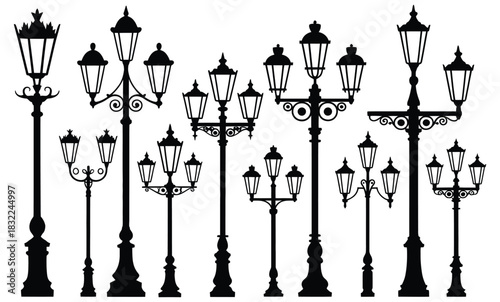 Diverse ornate retro lamp post collection silhouette set Vector