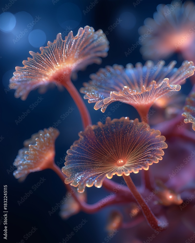 Naklejka premium A cluster of bioluminescent mushrooms glows in the dark forest floor.