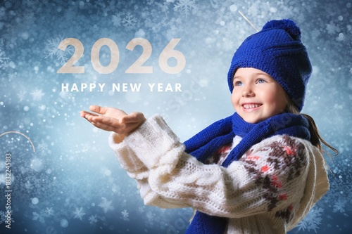 Pretty smile little girl with gift box. Christmas concept, AI generated image