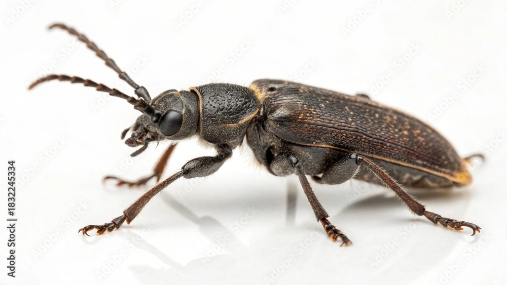 Naklejka premium Photorealistic macro studio portrait of an adult Old House Borer beetle (Hylotrupes bajulus) isolated on a clean white background.