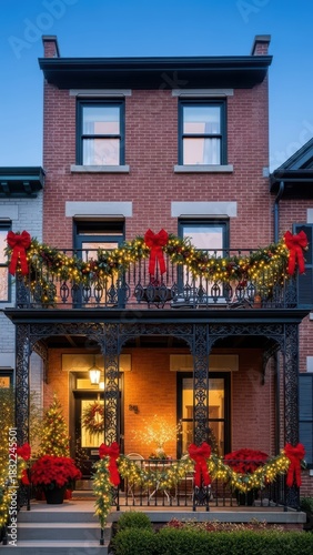 Festively decorated brick house with christmas lights and red bows at dusk