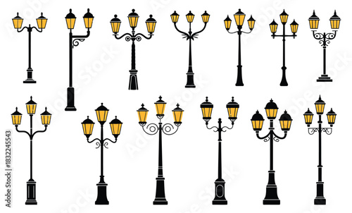 Vintage street lampposts collection for urban street lighting Vector