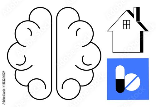 Stylized brain, house, and pill icon emphasizing mental well-being, home safety, and health. Ideal for healthcare, mental health, wellness self-care therapy home stability and medical concepts. A