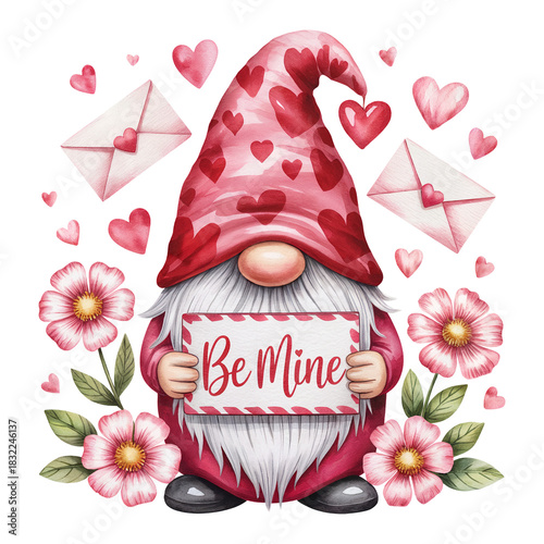 A whimsical gnome wearing a heart-patterned hat holds a 'Be Mine' sign.