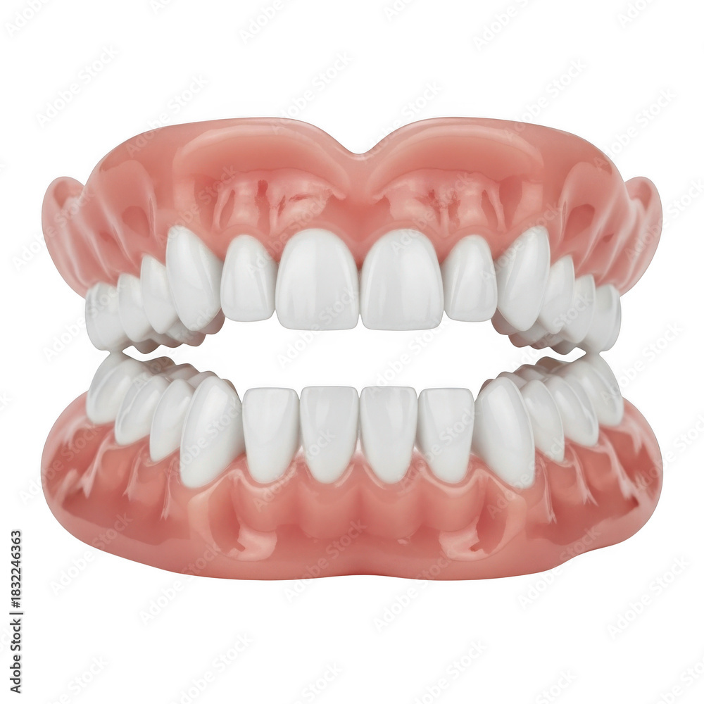 Obraz premium Realistic full denture set for upper and lower jaw showing white teeth and pink gums isolated on transparent background