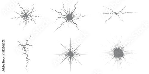 Abstract grey crack vector set on a white background, damage effect collection.