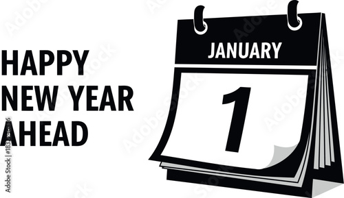 January first calendar icon with "happy new year ahead" text