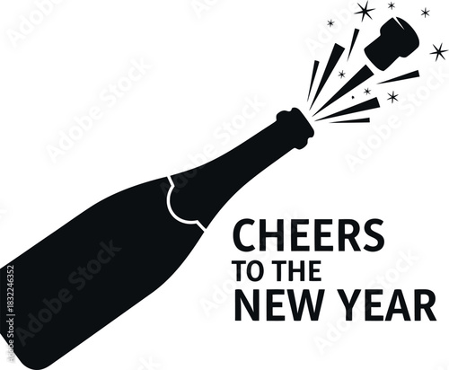 Champagne bottle popping cork and stars, cheers to new year celebration