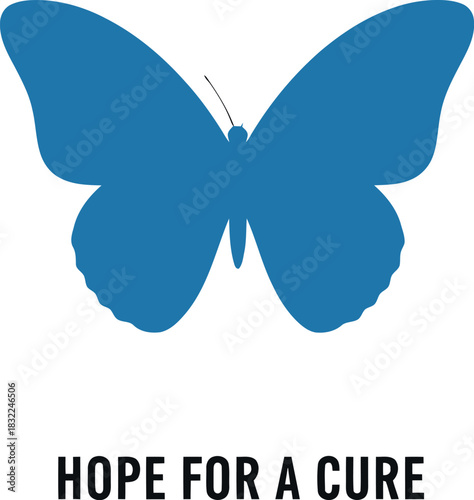 Blue butterfly silhouette, symbolizing hope for a cure on white.