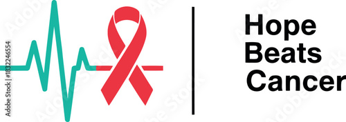 Hope beats cancer medical symbol with heartbeat and red ribbon