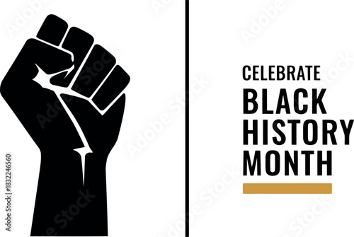 Black history month celebration with power fist on white background