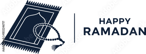 Happy ramadan greeting with prayer mat and beads flat design