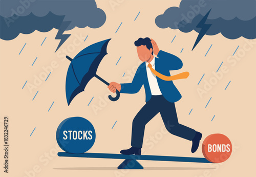 Business difficulty or obstacle in economic crisis, mistake or accident causing problem or failure, depressed and anxiety concept, frustrated businessman holding broken umbrella in strong wind storm