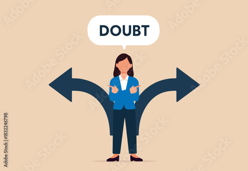Business doubt choice, make decision on work direction, choose career path or option or alternative concept, doubtful businesswoman choosing choice and pointing her finger to left and right direction.