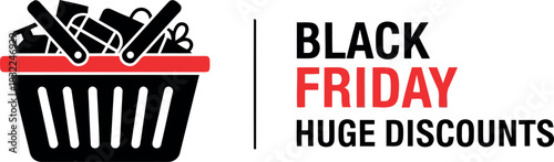 Black friday shopping basket with huge discounts for retail sales.