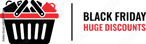 Black friday shopping discounts with basket of sale items icon