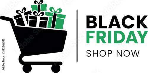 Black friday shop now, shopping cart full of gift boxes promo