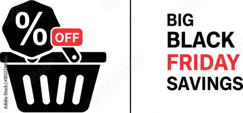 Black friday big savings shopping basket with percent off tag