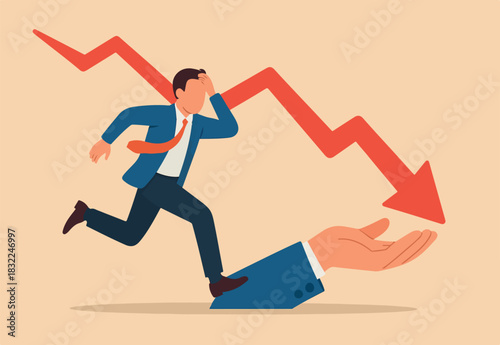 Business failure, economic recession or investment loss or stock market falling down, crisis or crash, investing risk or depression concept, failed businessman run away from falling down arrow chart.