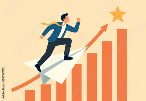 Business growth step to success, boost fast speed success or achievement, aspiration or career growth journey, leadership concept, businessman riding origami fast up stair to success challenge.